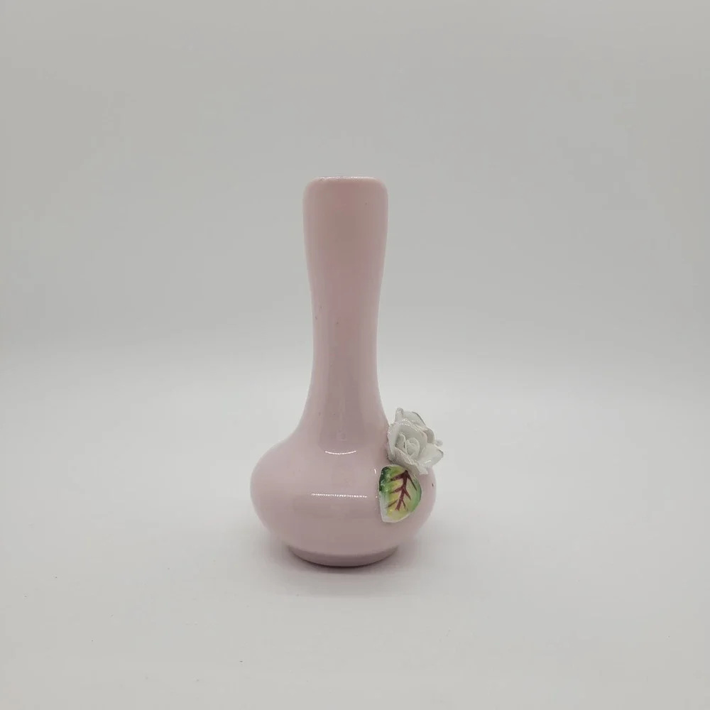 Vintage Betson Hand Painted Pink Ceramic Rose Bud Vase Pitcher Gold Trim‎ 4.5
